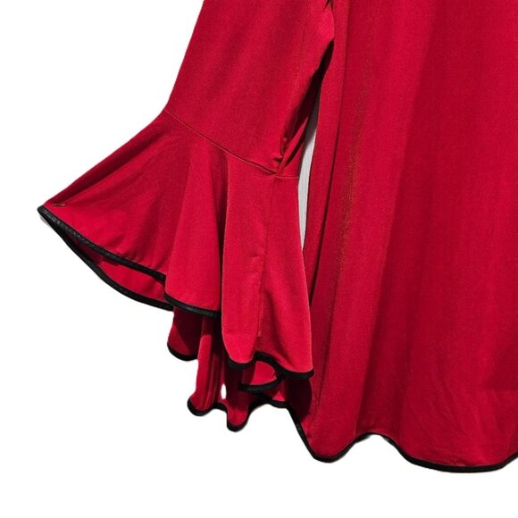 COCO BIANCO RED W BLACK VEGAN LEATHER PIPING BELL LONG SLEEVE TOP TUNIC XL - Picture 2 of 4